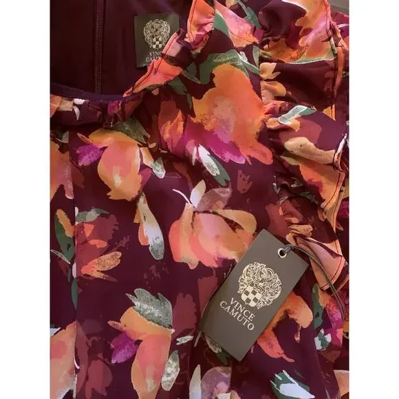 Vince Camuto Ruffled Floral Chiffon Maxi Dress Wine Multi Size 8, NWT 168$‎
